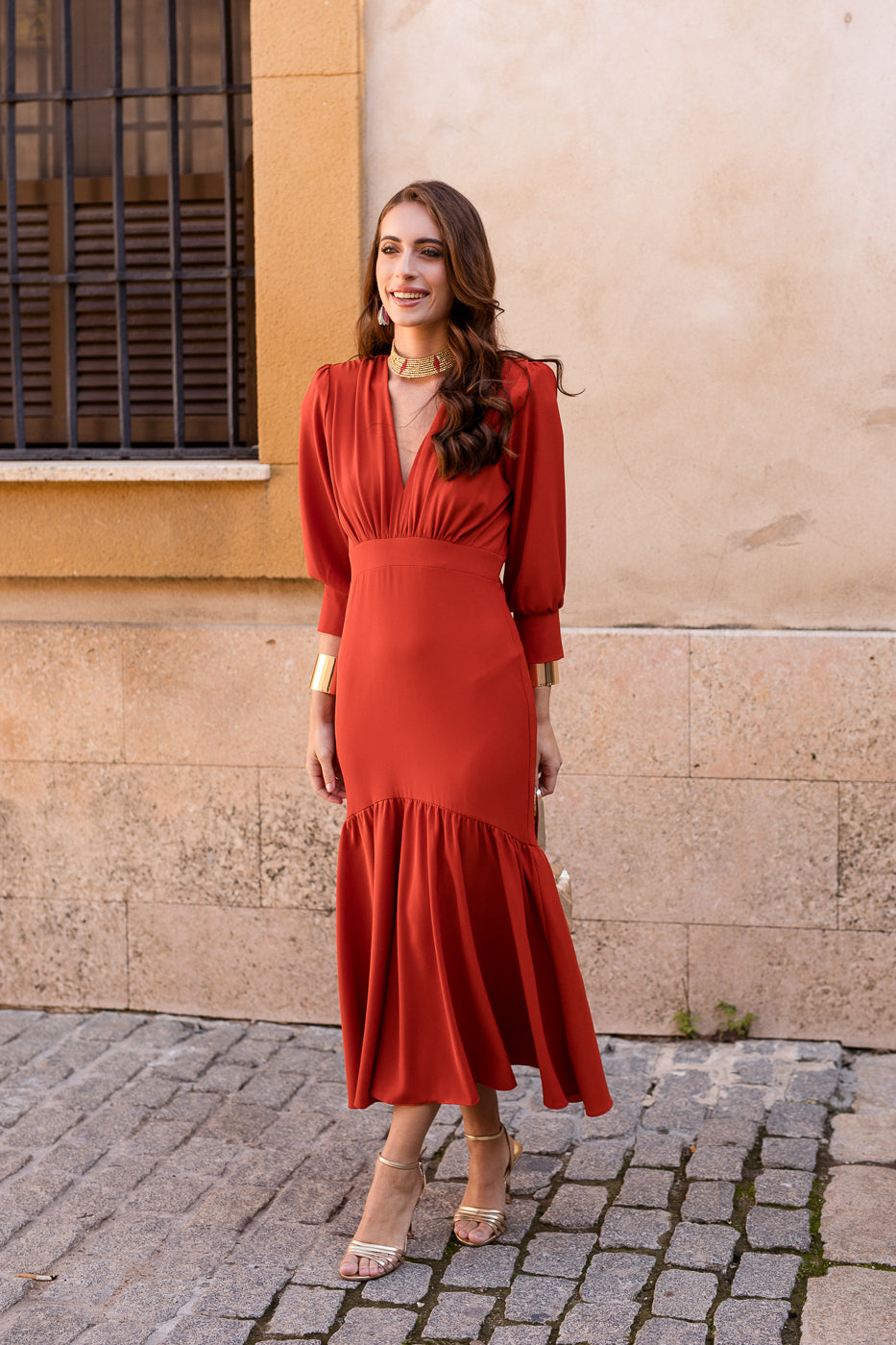 Vestido midi volante teja