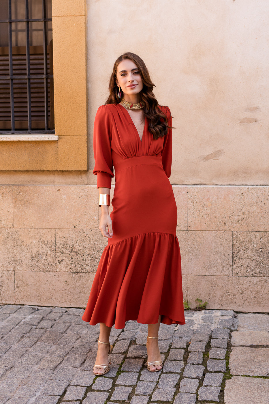 Vestido midi volante teja