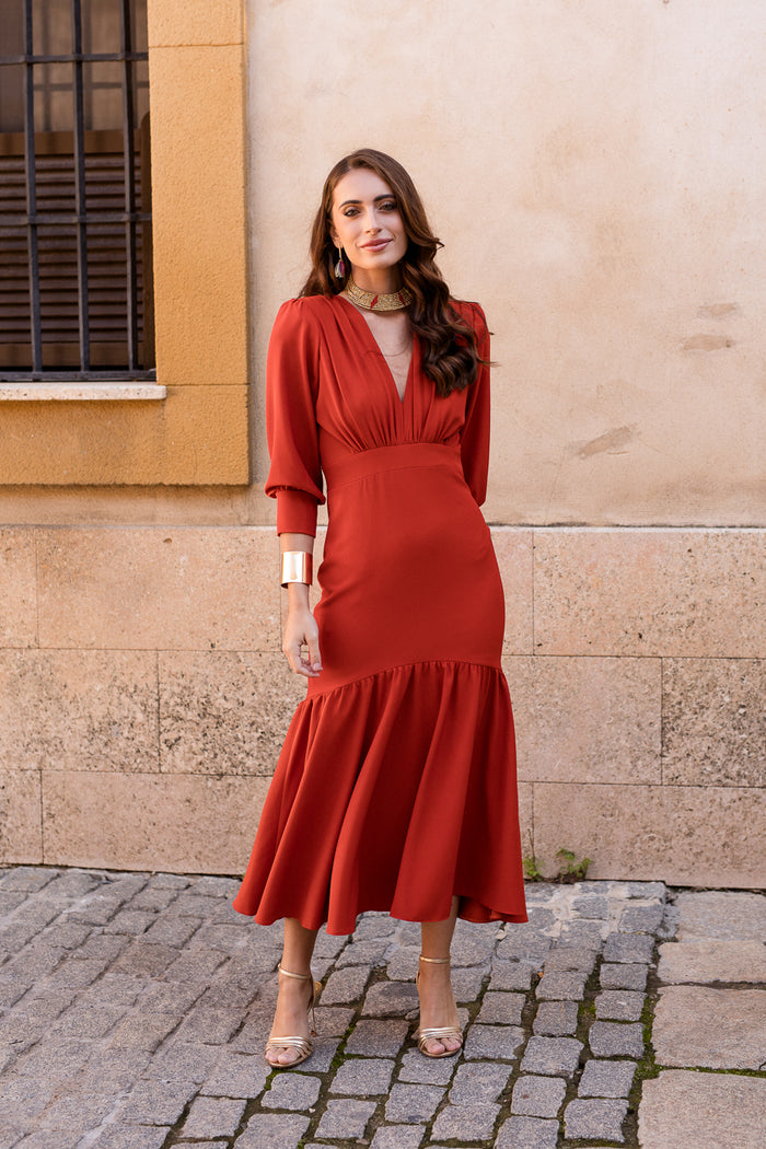 Vestido midi volante teja