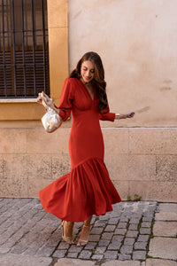 Vestido midi volante teja