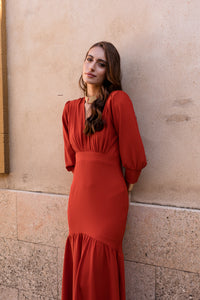 Vestido midi volante teja