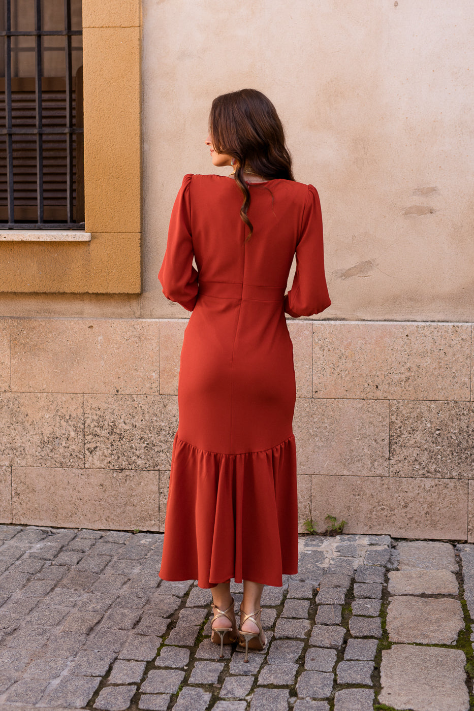 Vestido midi volante teja