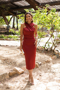 Vestido midi cuello halter teja