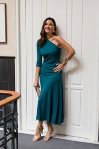 Vestido midi escote asimétrico verde