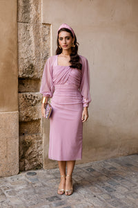 Vestido midi + mangas de tul rosa nude