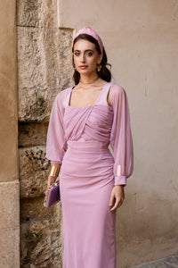 Vestido midi + mangas de tul rosa nude