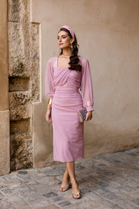 Vestido midi + mangas de tul rosa nude