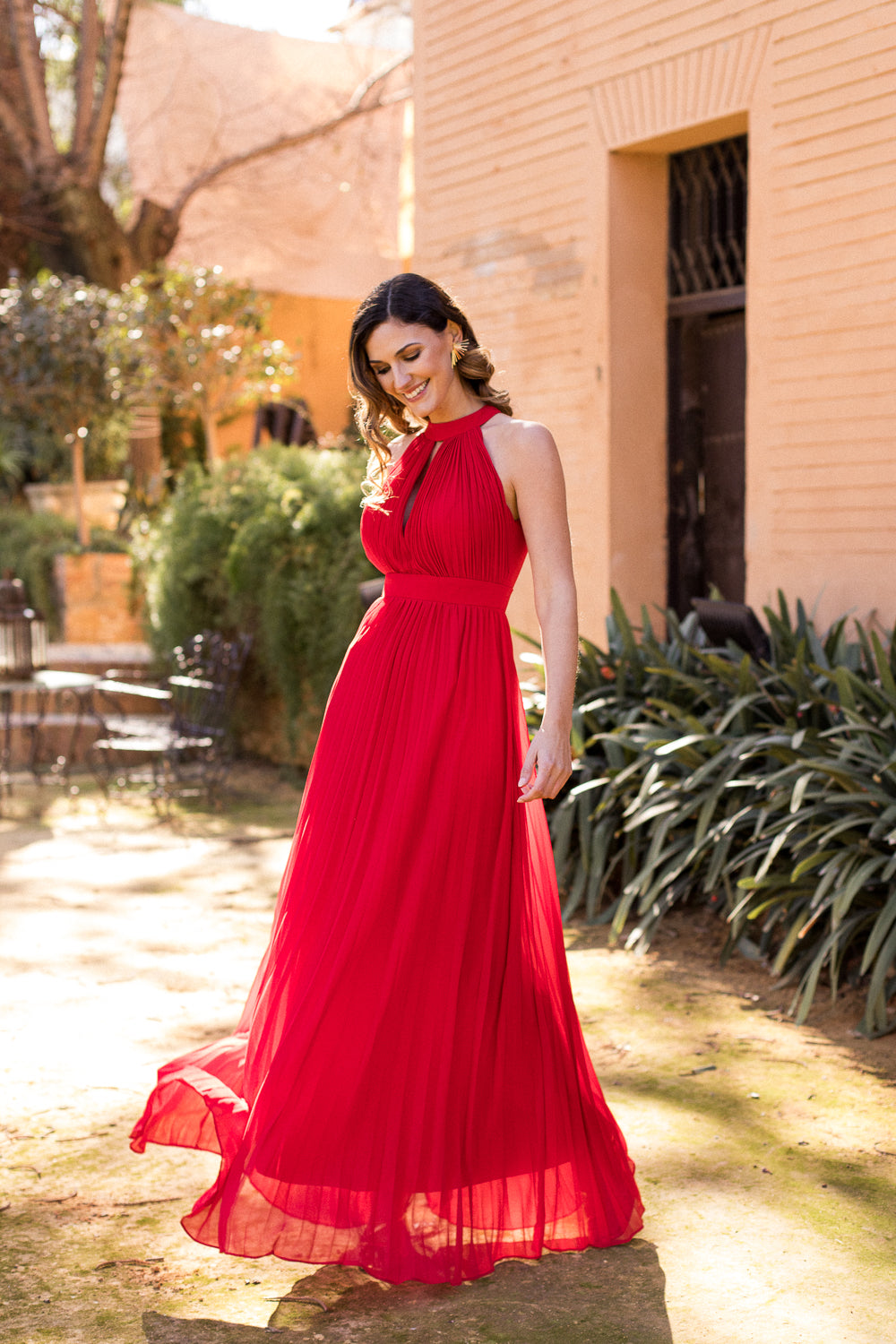 Vestido Halter plisado rojo