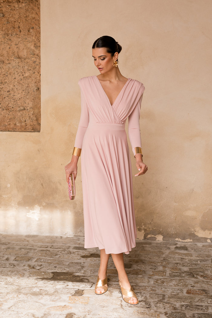Vestido midi vuelo rosa nude