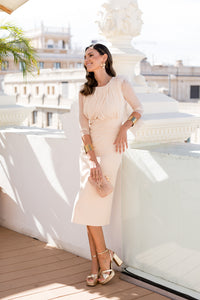 Vestido midi drapeado beige