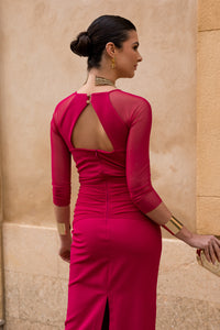 Vestido midi manga tul cereza