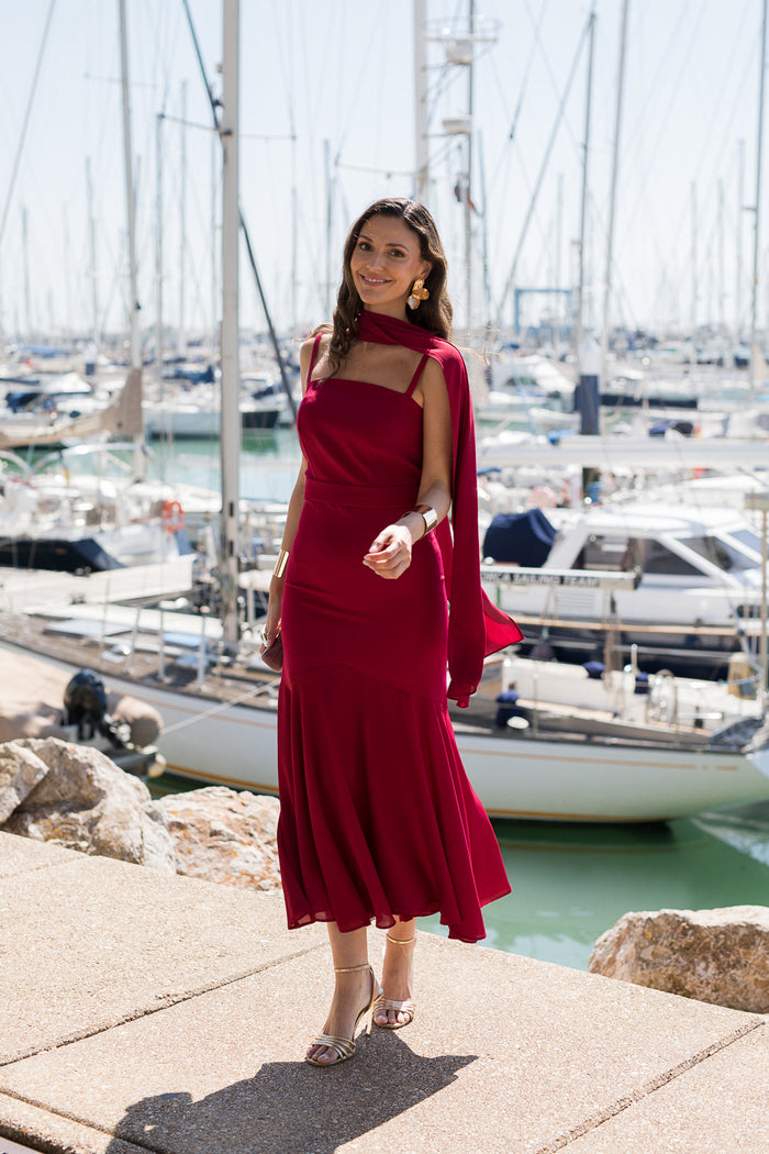 Vestido midi burdeos + foulard