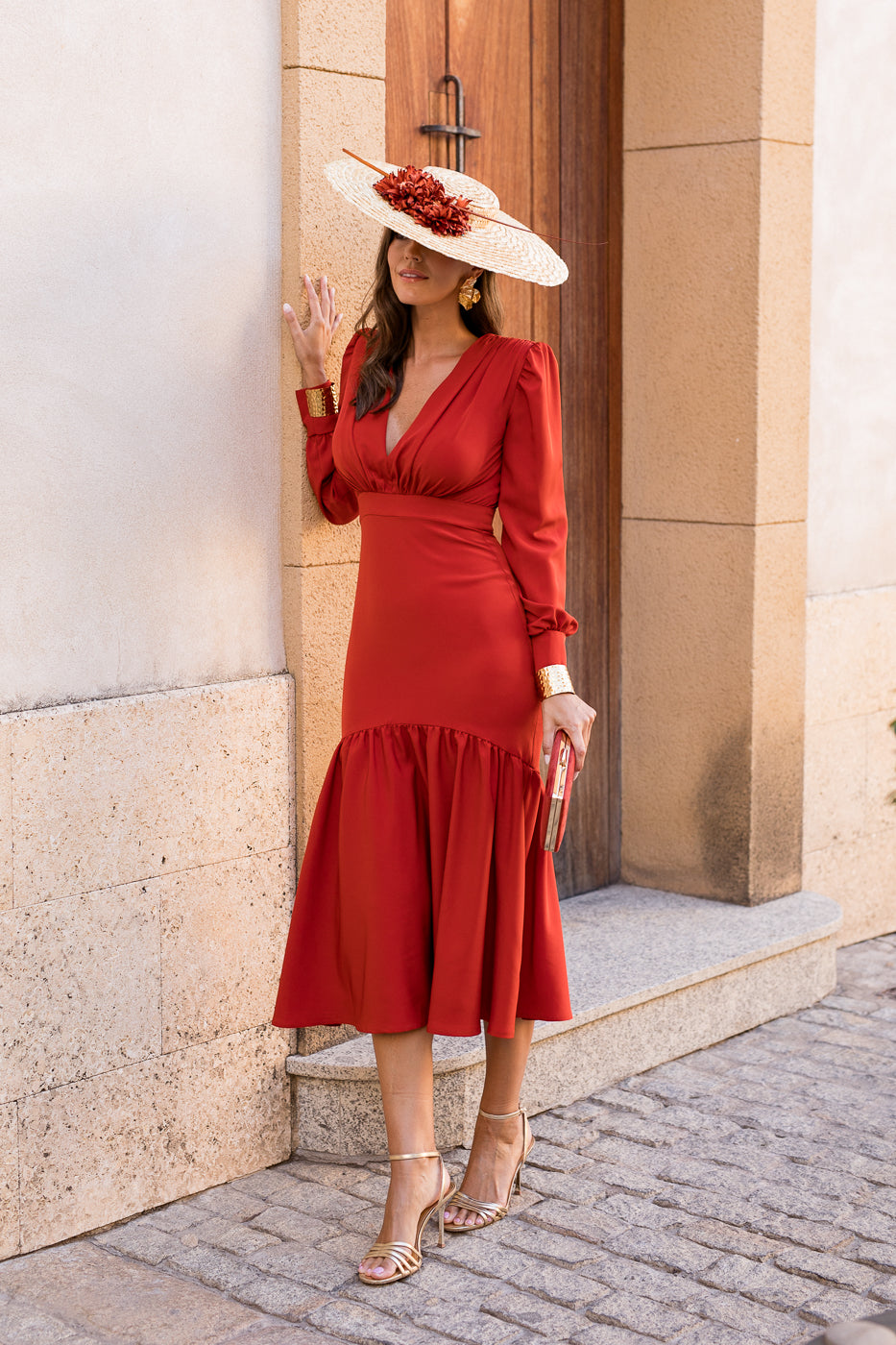 Vestido midi volante teja