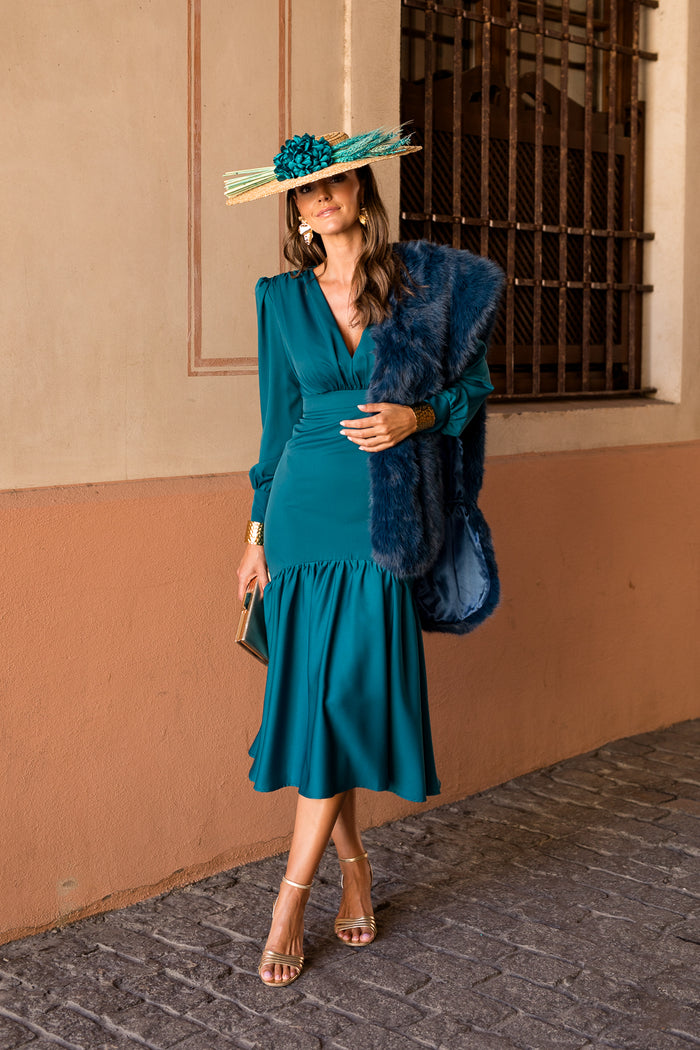 Vestido midi volante azul petróleo