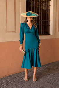 Vestido midi volante azul petróleo