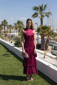 Vestido midi cuello halter multivolantes