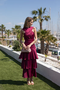 Vestido midi cuello halter multivolantes