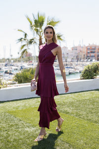 Vestido midi cuello halter multivolantes