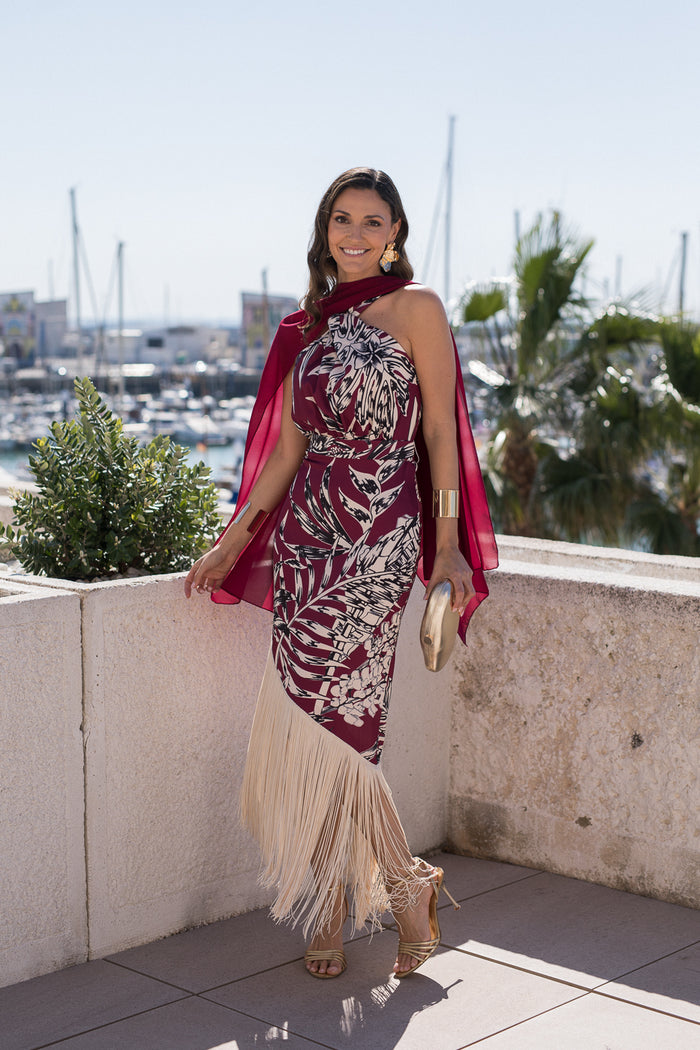 Vestido flecos escote halter cereza