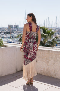 Vestido flecos escote halter cereza