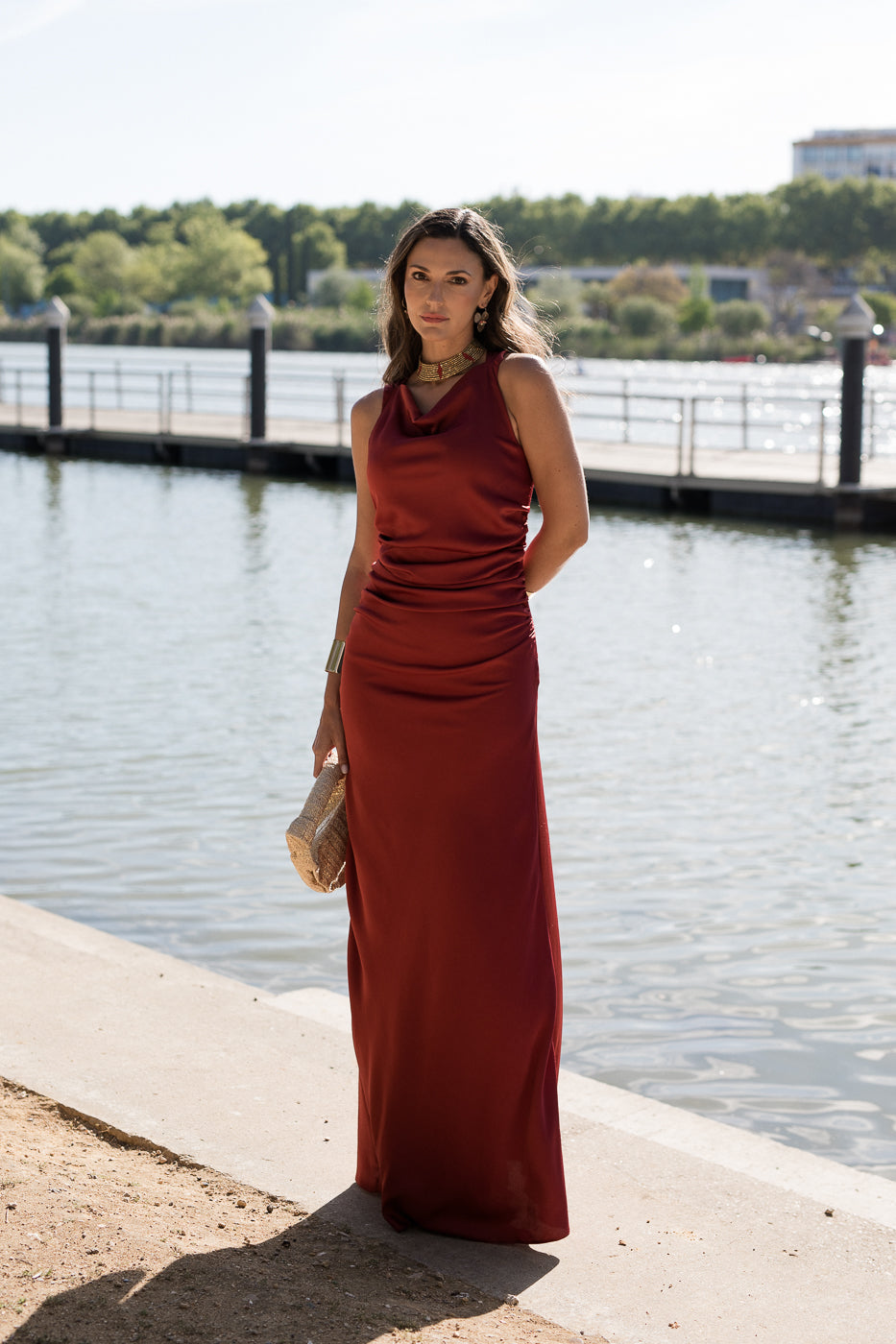 Vestido largo espalda cruzada petróleo