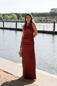 Vestido largo espalda cruzada petróleo