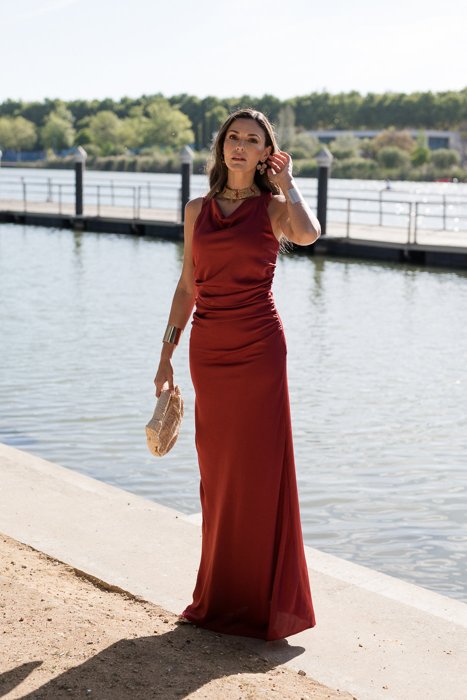 Vestido largo espalda cruzada petróleo