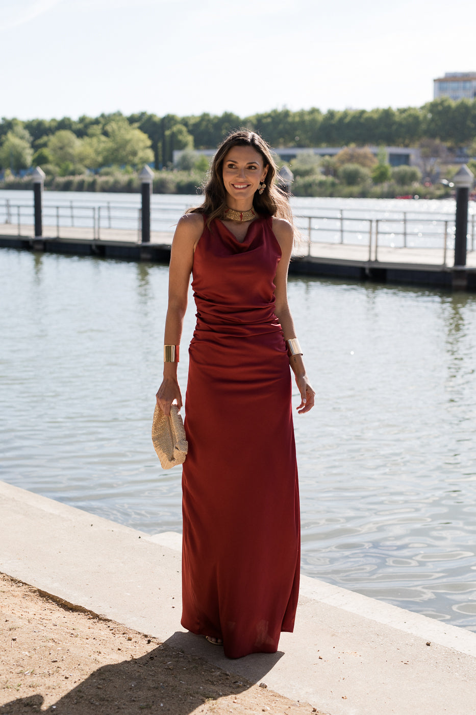 Vestido largo espalda cruzada petróleo