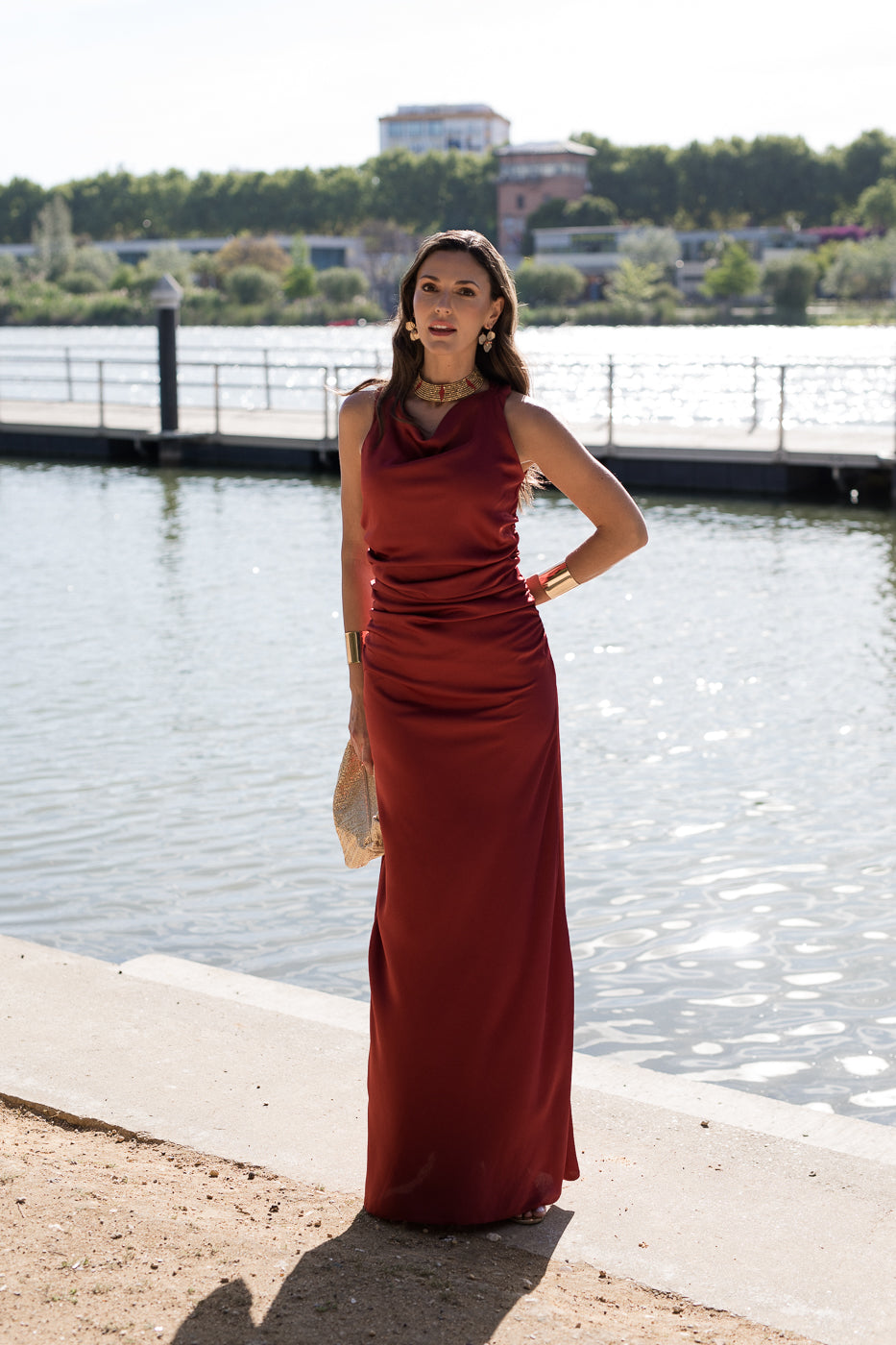 Vestido largo espalda cruzada petróleo