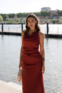 Vestido largo espalda cruzada petróleo