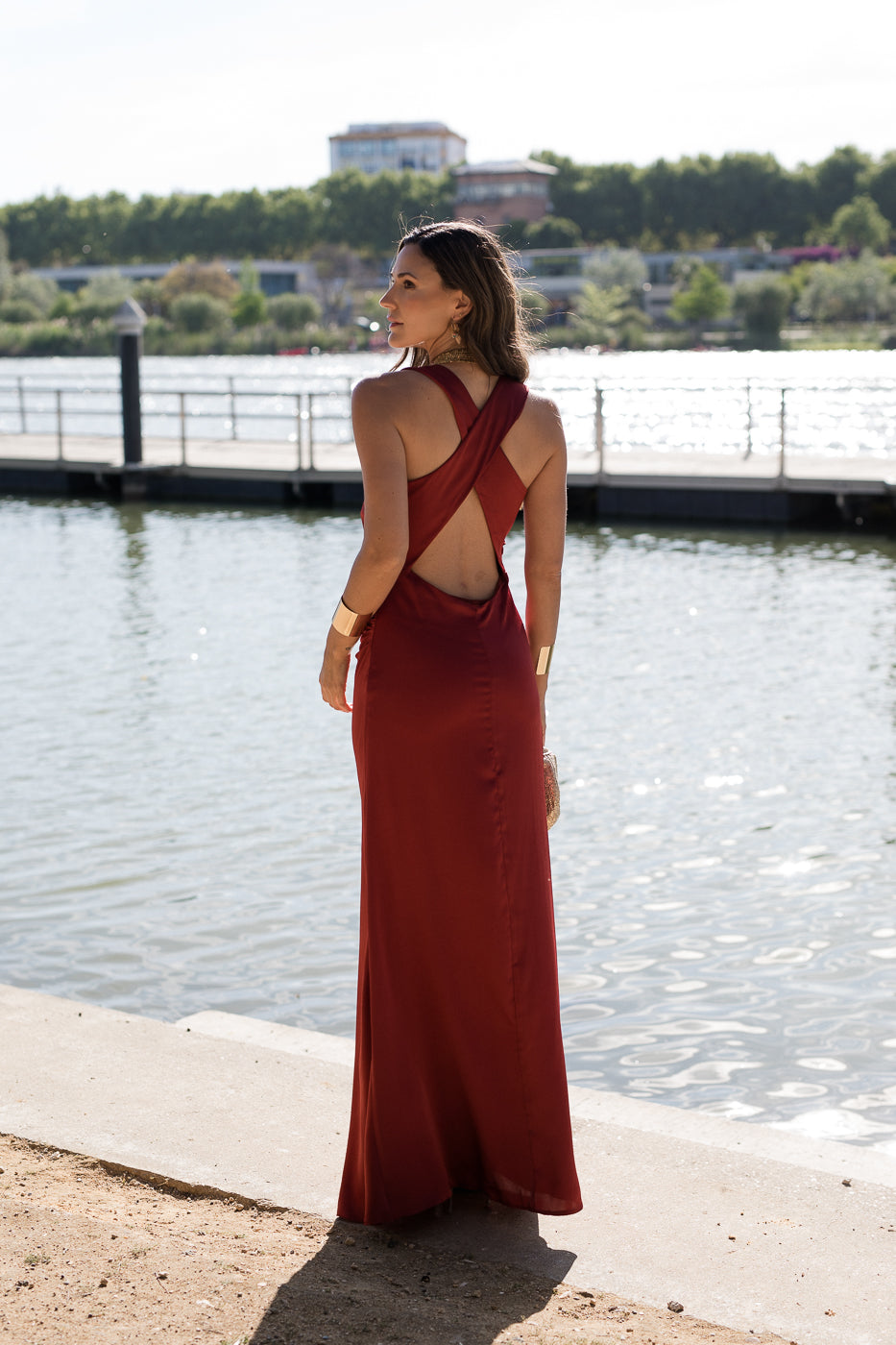 Vestido largo espalda cruzada petróleo