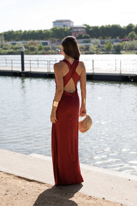 Vestido largo espalda cruzada petróleo