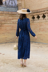 Vestido midi brocado azul marino