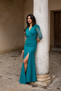 Vestido largo drapeado con escote cruzado