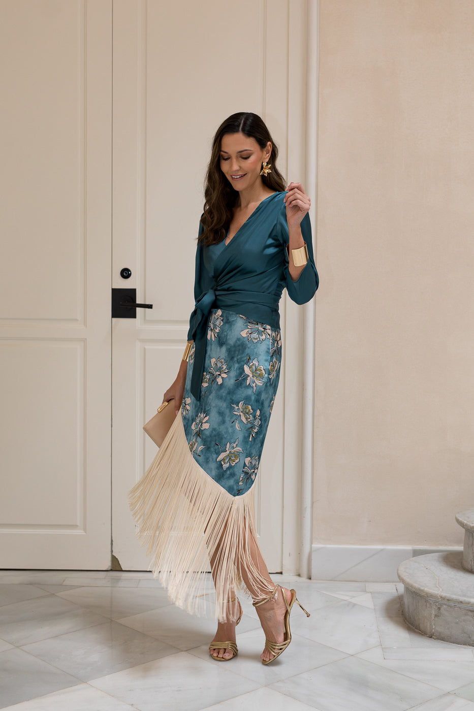 Conjunto de Blusa + falda de flecos petróleo PROXIMAMENTE DISPONIBLE