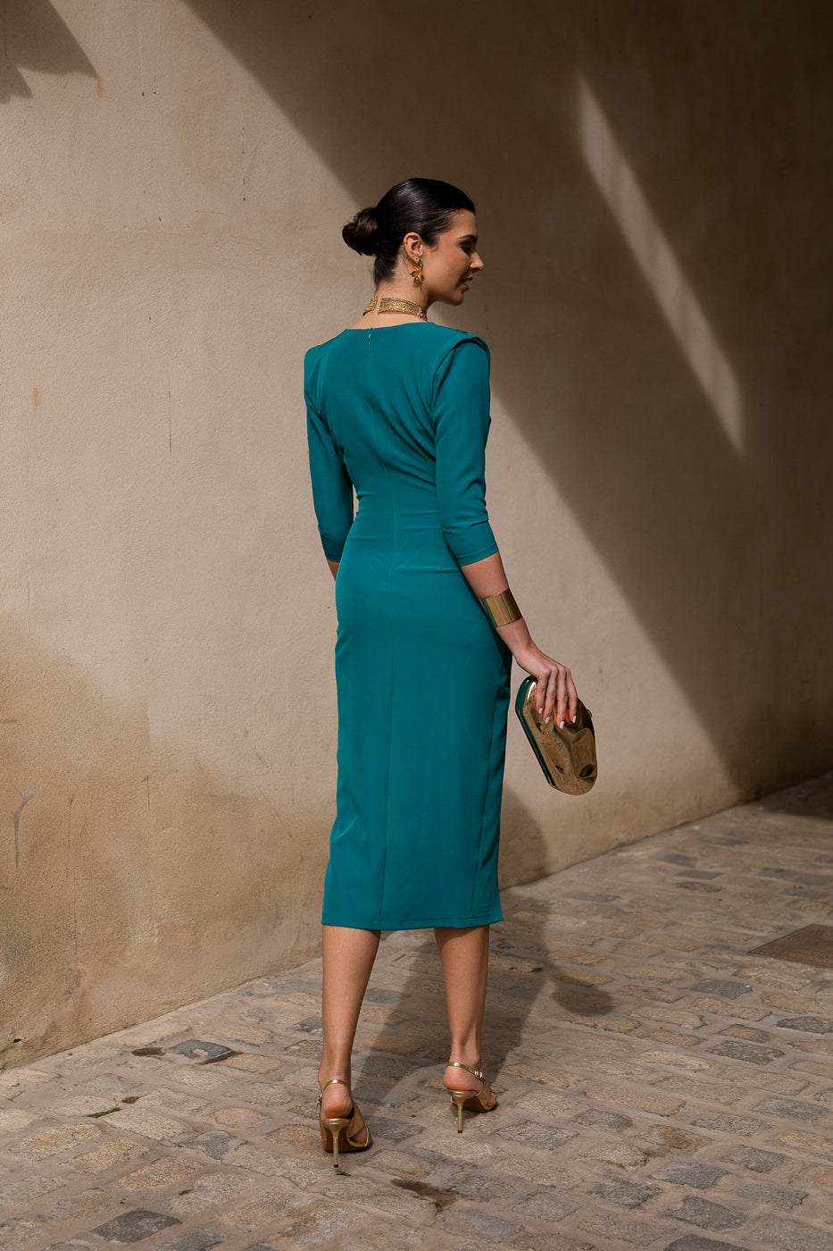 Vestido midi tulipán manga francesa petróleo