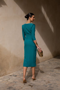 Vestido midi tulipán manga francesa petróleo