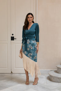 Conjunto de Blusa + falda de flecos petróleo PROXIMAMENTE DISPONIBLE