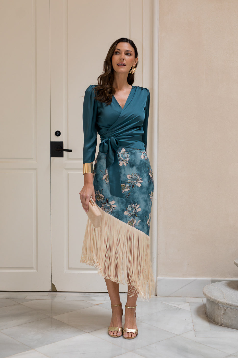 Conjunto de Blusa + falda de flecos petróleo PROXIMAMENTE DISPONIBLE
