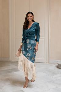 Conjunto de Blusa + falda de flecos petróleo PROXIMAMENTE DISPONIBLE