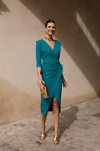 Vestido midi tulipán manga francesa petróleo