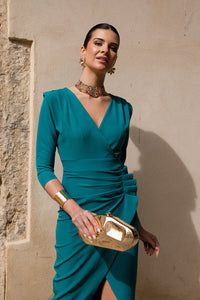 Vestido midi tulipán manga francesa petróleo