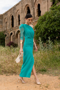 Vestido midi drapeado asimétrico aguamarina