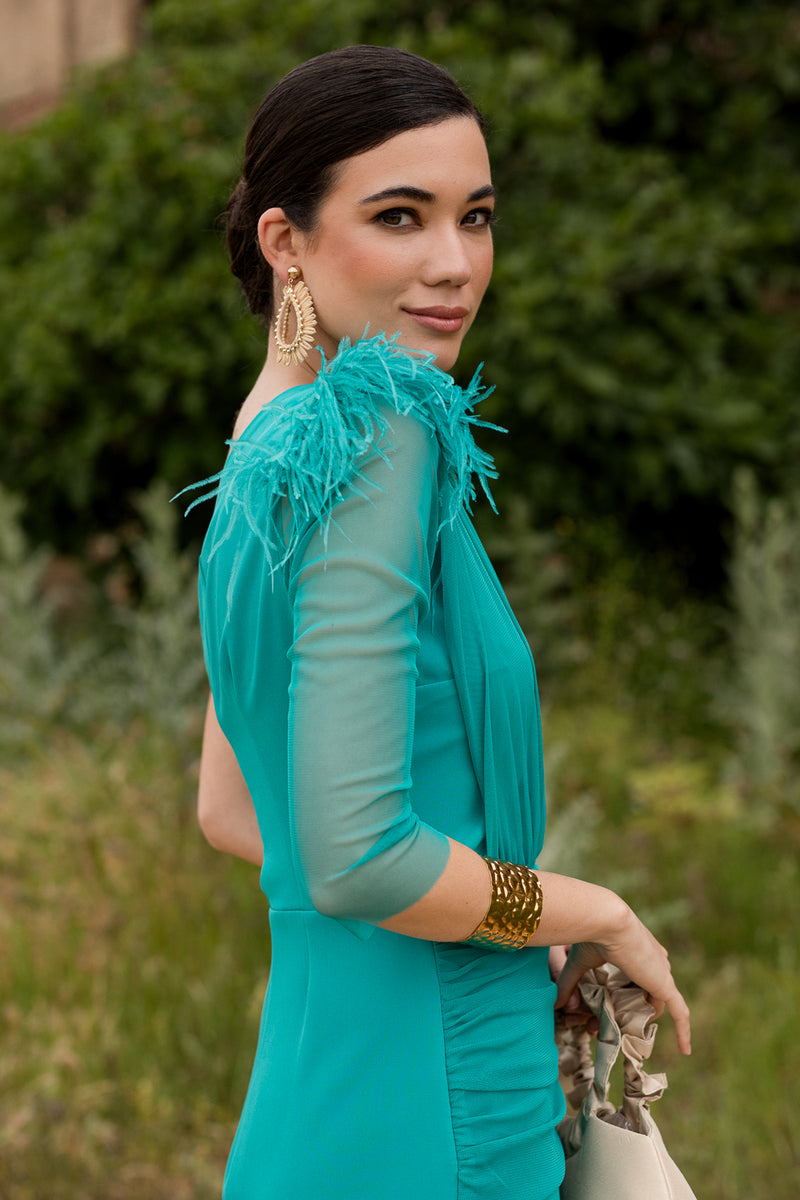Vestido midi drapeado asimétrico aguamarina