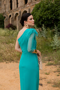 Vestido midi drapeado asimétrico aguamarina