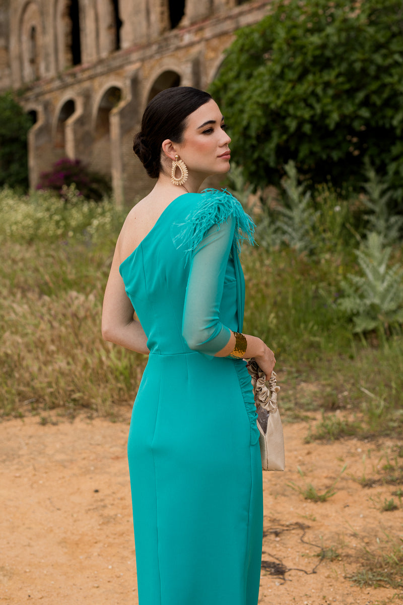 Vestido midi drapeado asimétrico aguamarina