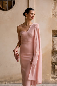 Vestido midi escote asimétrico con capa de gasa