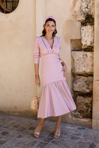 Vestido midi volante rosa nude