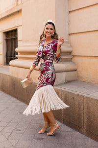 Vestido flecos estampado burdeos
