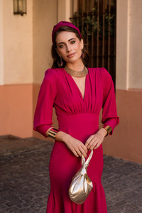Vestido midi volante frambuesa